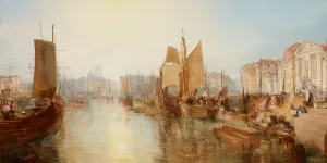 Oil painting of harbor scene with boats and people.