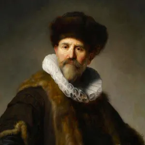 oil painting of main in hat and white collar