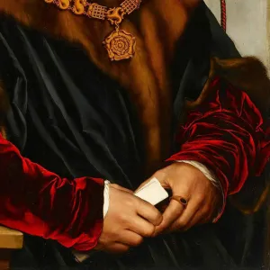 close up of oil painting showing man's arms dressed in red sleeves