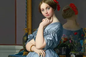oil painting of a woman in a blue dress leaning against a dresser in front of a mirror
